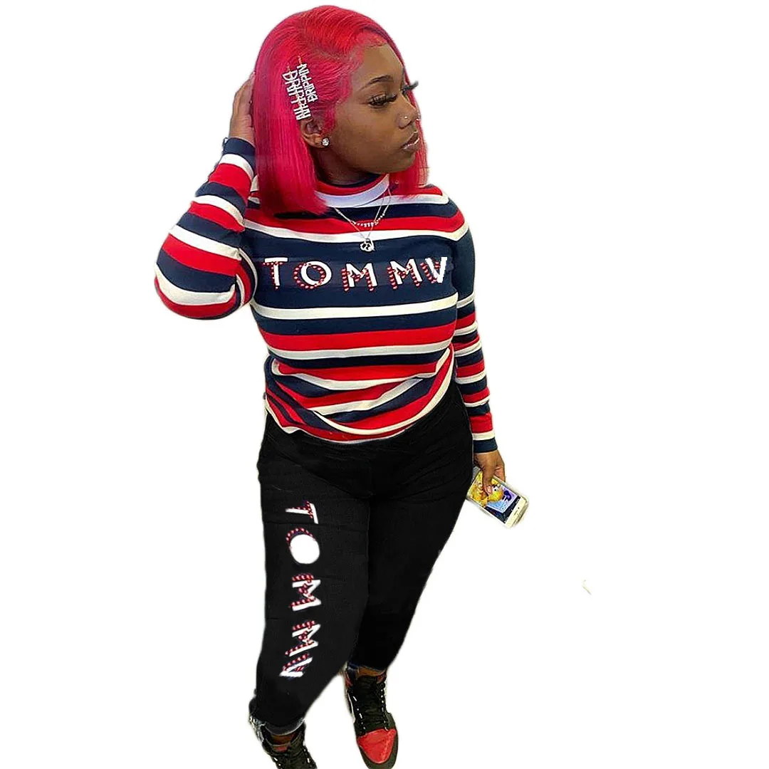 

European And American Hot Sale Two-Piece OL Commuter Women's Trousers Long Sleeve Top+Trousers Fashion Printing Suit Spring 2021