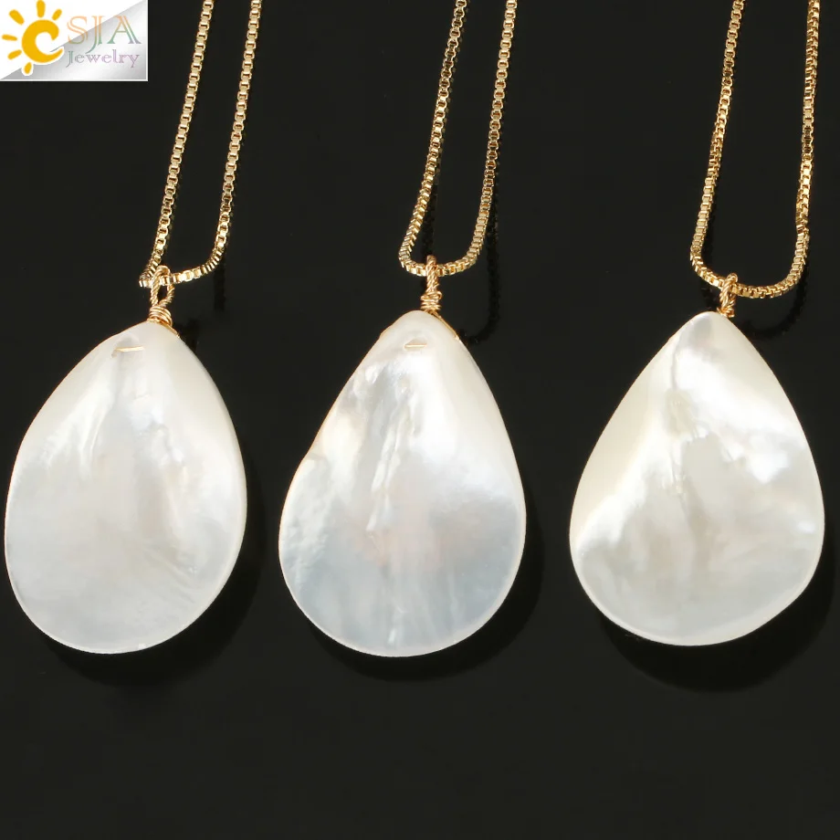 Csja Капля воды белый Абалон оболочки кулон ожерелье жемчужные раковины золотого