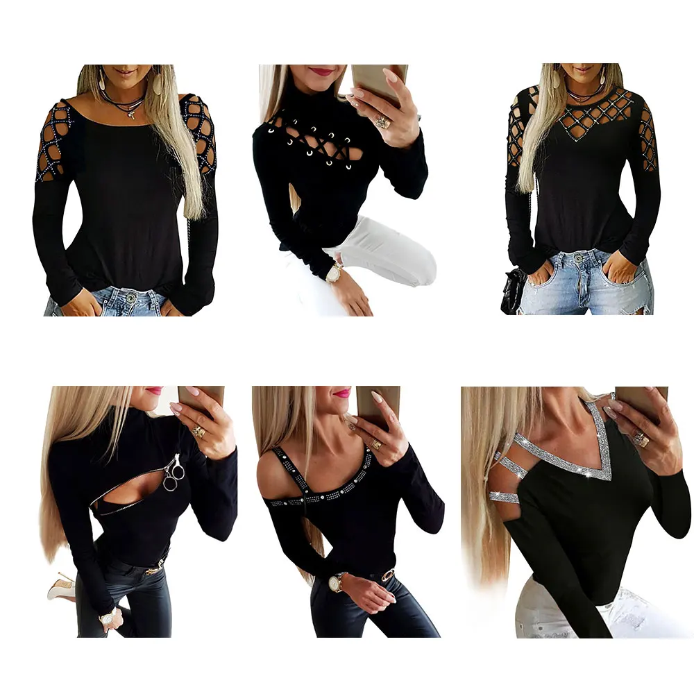 Pickyourlook женская футболка и топы с длинным рукавом на молнии сексуальная женская футболка однотонная Черная Женская футболка с воротником-стойкой осень