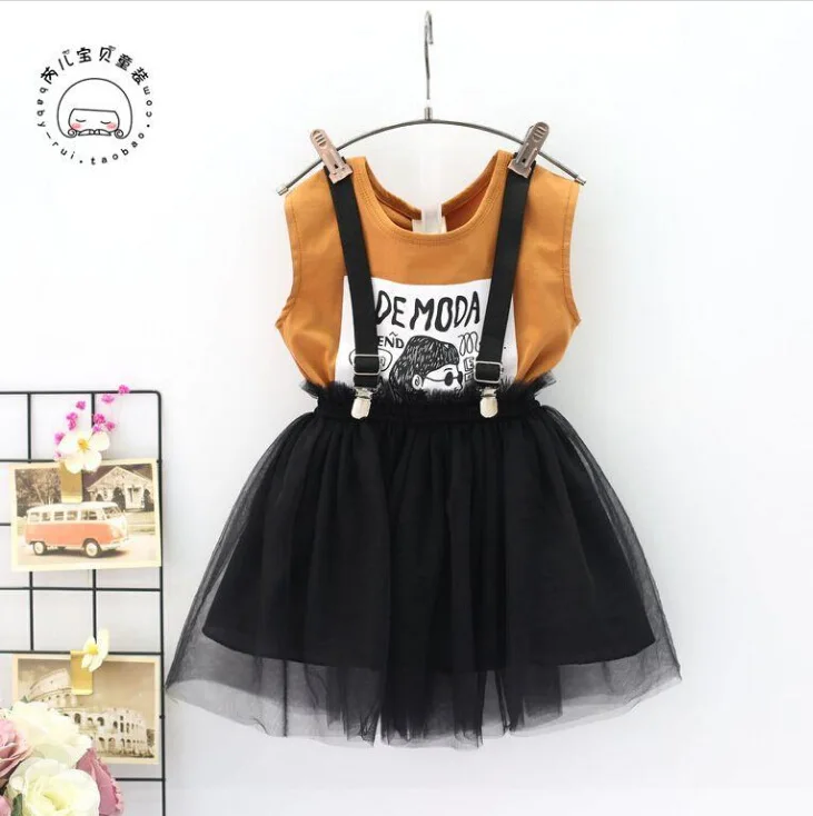 Children's clothing 2020 summer new girls cartoon vest sleeveless top + strap yarn skirt two-piece suit sets | Детская одежда и