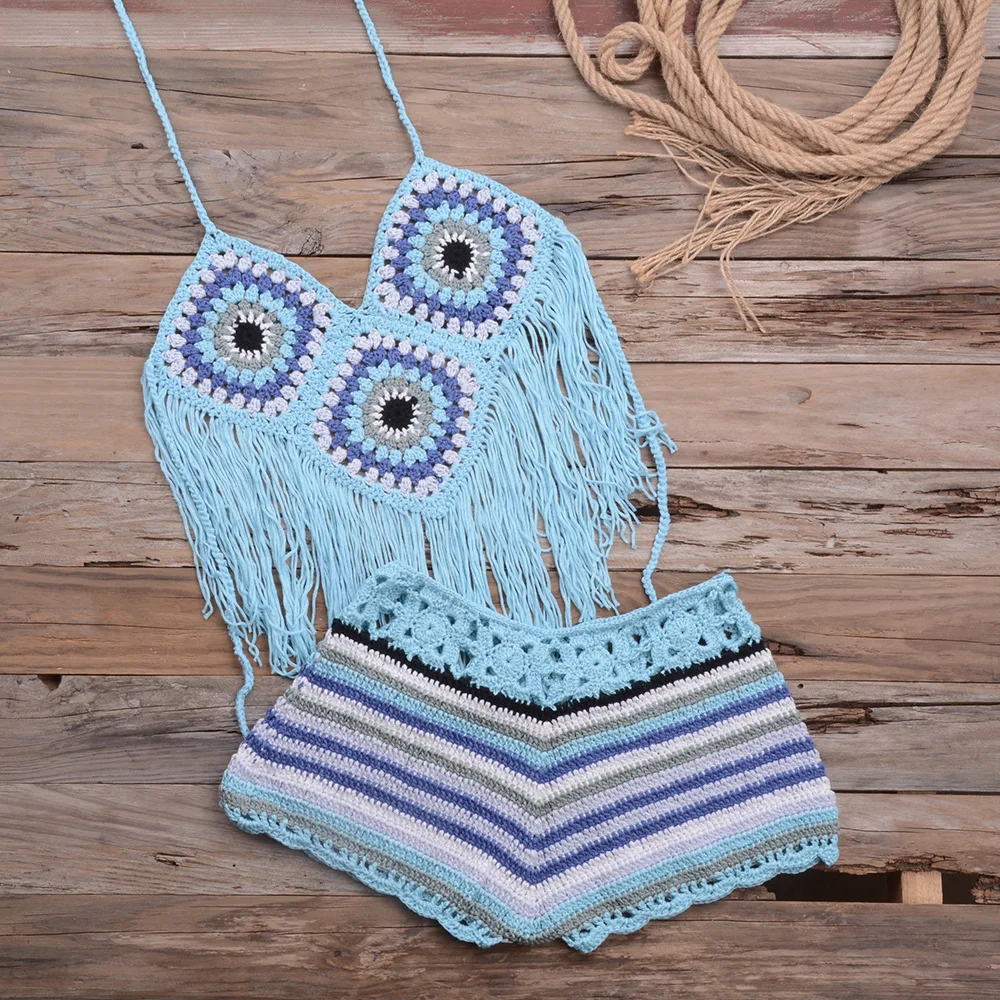 HotCrochet кисточкой комплект бикини вязаный купальник с лямкой на шее бюстгальтер