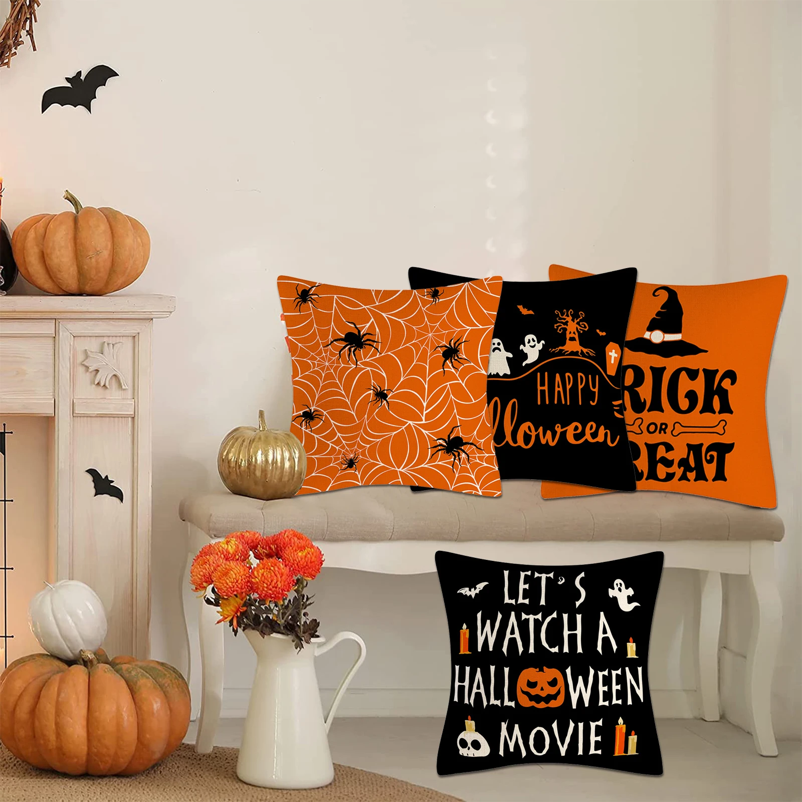 

Halloween Pillow Covers Trick or Treat Bat Pumpkin Pillowcase Zippered Square Pillowcase for Home Holiday Party