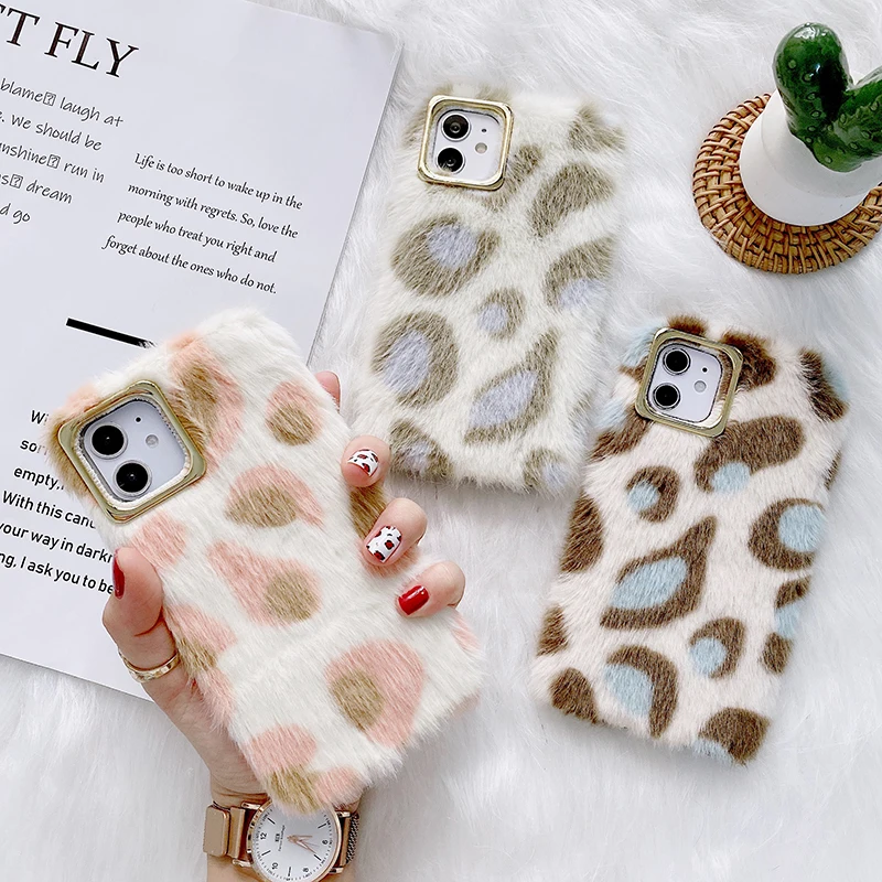 

Leopard Phone Case For iPhone 12 Pro Max 11 X XS XR 8 7 6 Plus SE 2020 Cute Warm Winter Plush Cover For iPhone 13 Pro Max Cases
