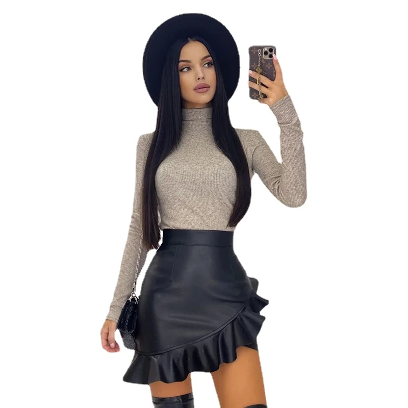 

Женская Асимметричная мини-юбка из ПУ кожи, черная офисная модная расклешенная мини-юбка с оборками и высокой талией D30 2021