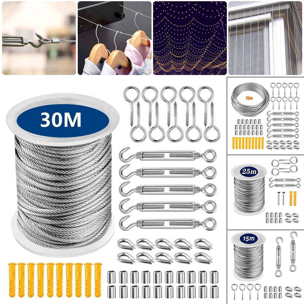 

1set Wire Rope Kit Flexible Wire Rope Soft Cable Stainless Steel Multifunctional Cable Tent Hanging Clothesline Diameter 2mm