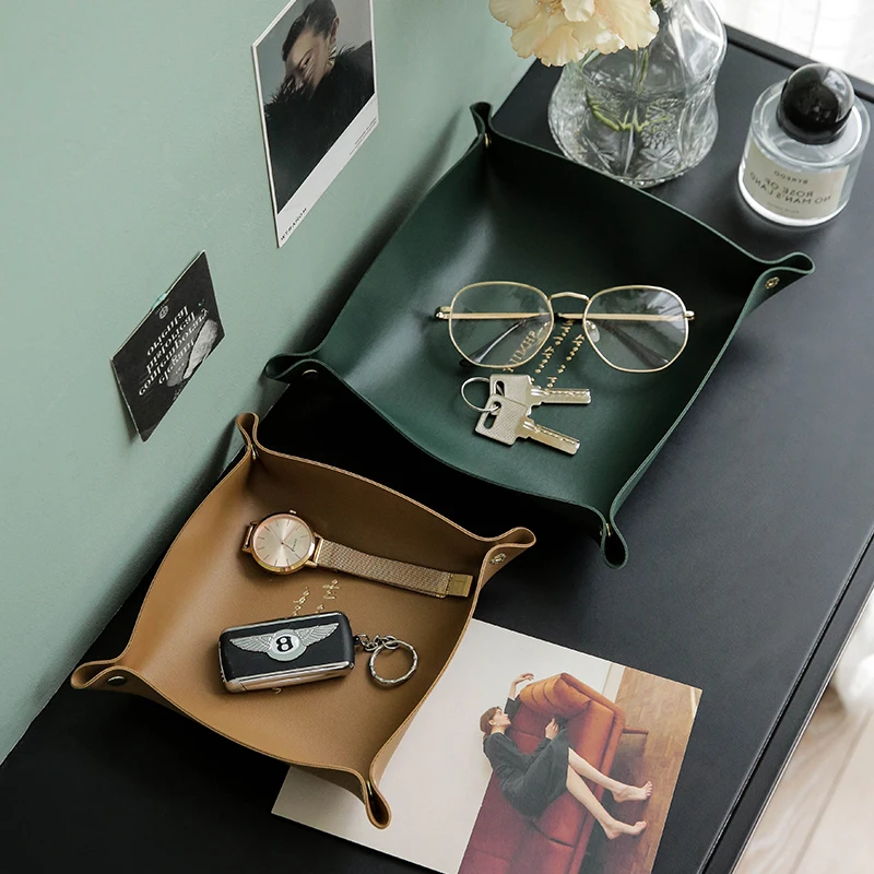 

Watch Key Storage Tray Leather Porch Entrance Living Room Coffee Table Small Debris Storage Box Desktop Basket