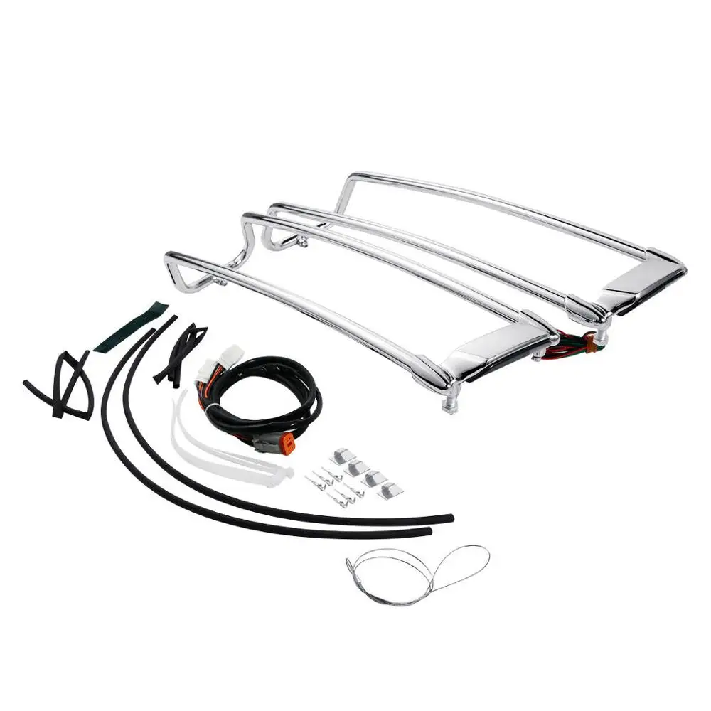 

Motorcycle Chrome Saddlebags Lid Rack Top Rail Guard W/ Light For Harley Touring 1994-2013