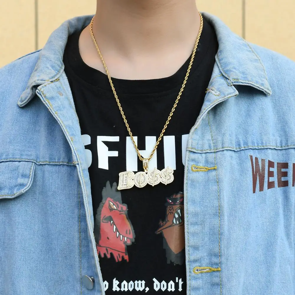 

MATHALLA Custom Name BOSS Letters Pendant Necklace Gold Brass Jewelry Iced Out Cubic Zirconia Men's Hiphop Pendant