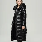 Длинный пуховик, черное глянцевое утолщенное свободное женское теплое пальто