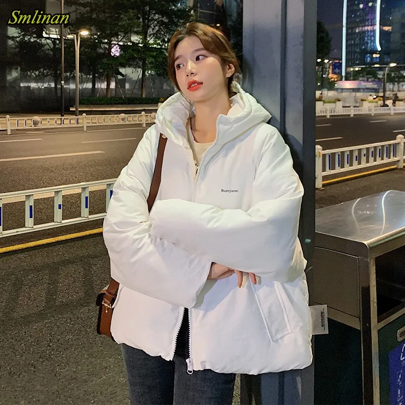 

Зимняя короткая стеганая куртка Smlinan с капюшоном, Женское пальто, Толстая теплая хлопчатобумажная парка, женское повседневное Свободное па...