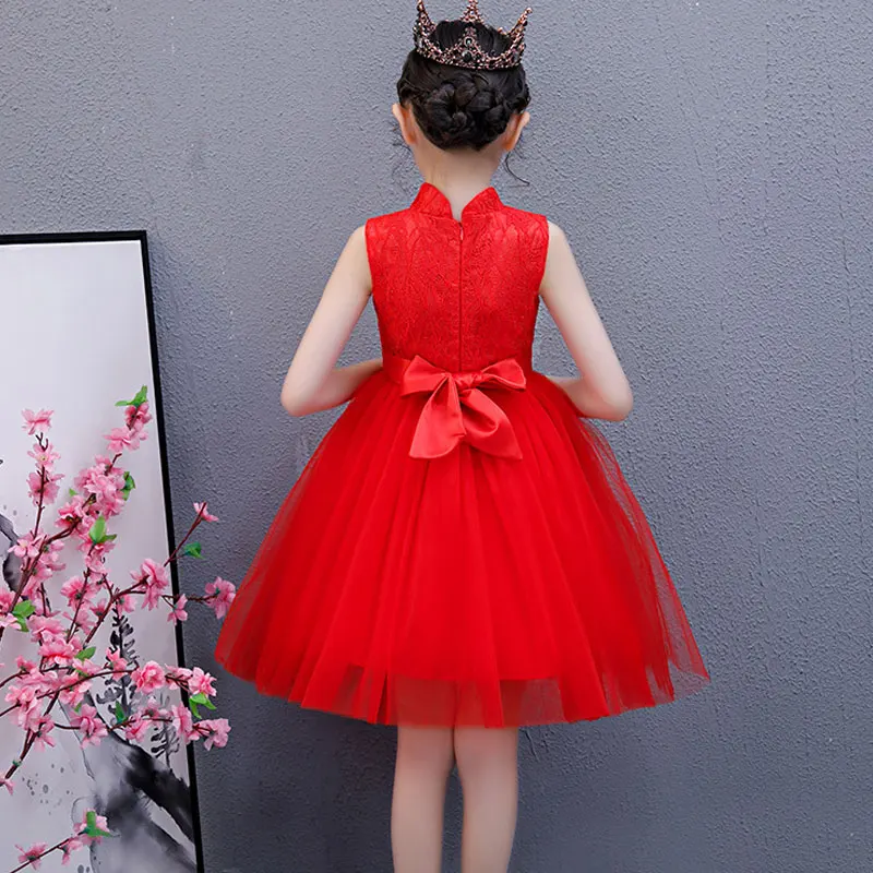 3-12Years Princess Girls Lace Dress Chinese Ancient Mandarin Gown Layered Tulle Sleeveless Party Wedding Dance Folk Frocks | Детская
