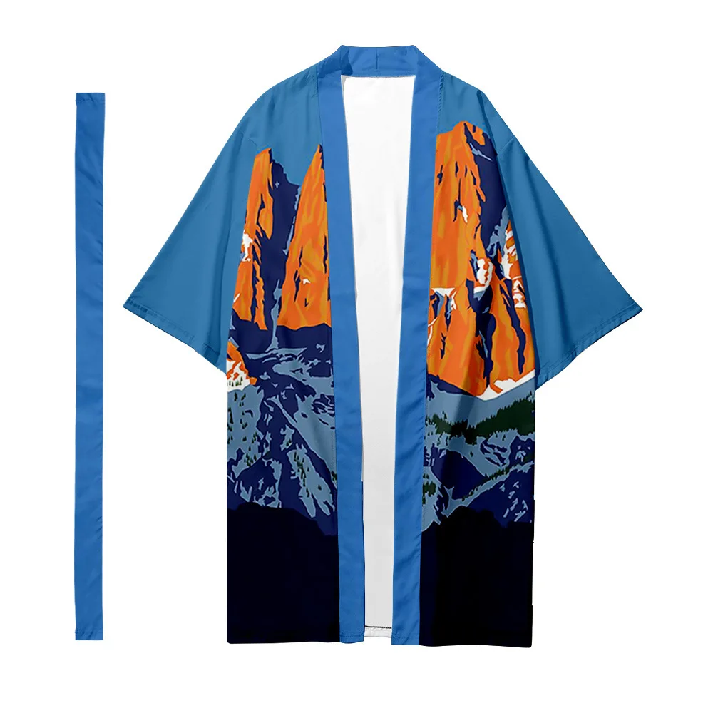 Мужское японское длинное кимоно кардиган женское натуральное и рисунок гор