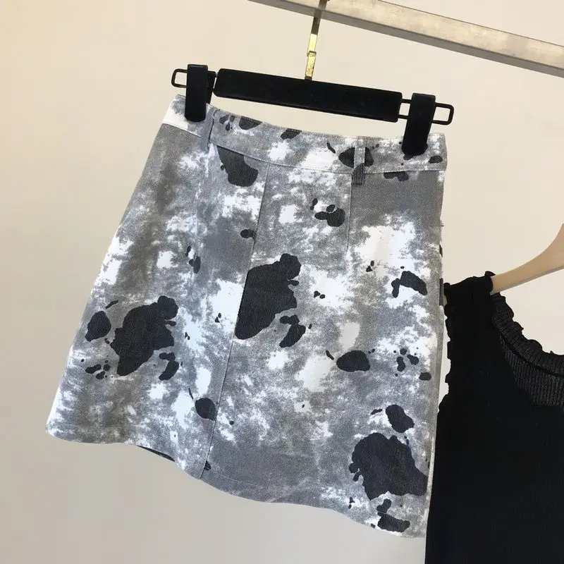 

Splash Ink Skirt Women's High Waist Women Skirt 2021 Spring Summer New Pocket Bottom Slimming A Line Skirt