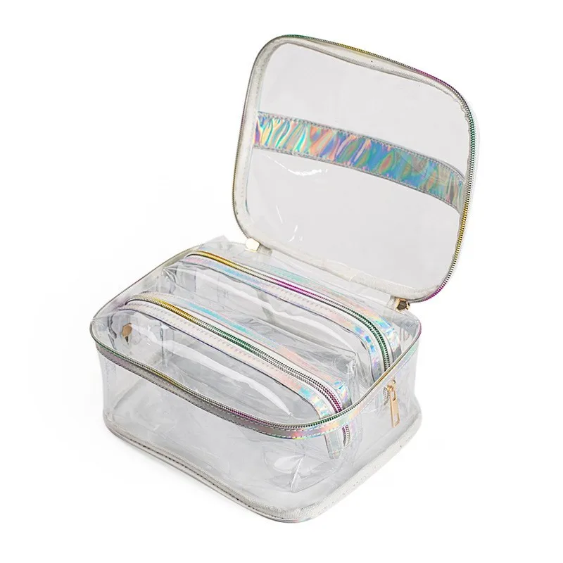 

3 PCS Laser PVC Translucent Makeup Bag Sets Women Wash Bag Travel Organizer Multi-function Large Capacity Cosmetic Bag
