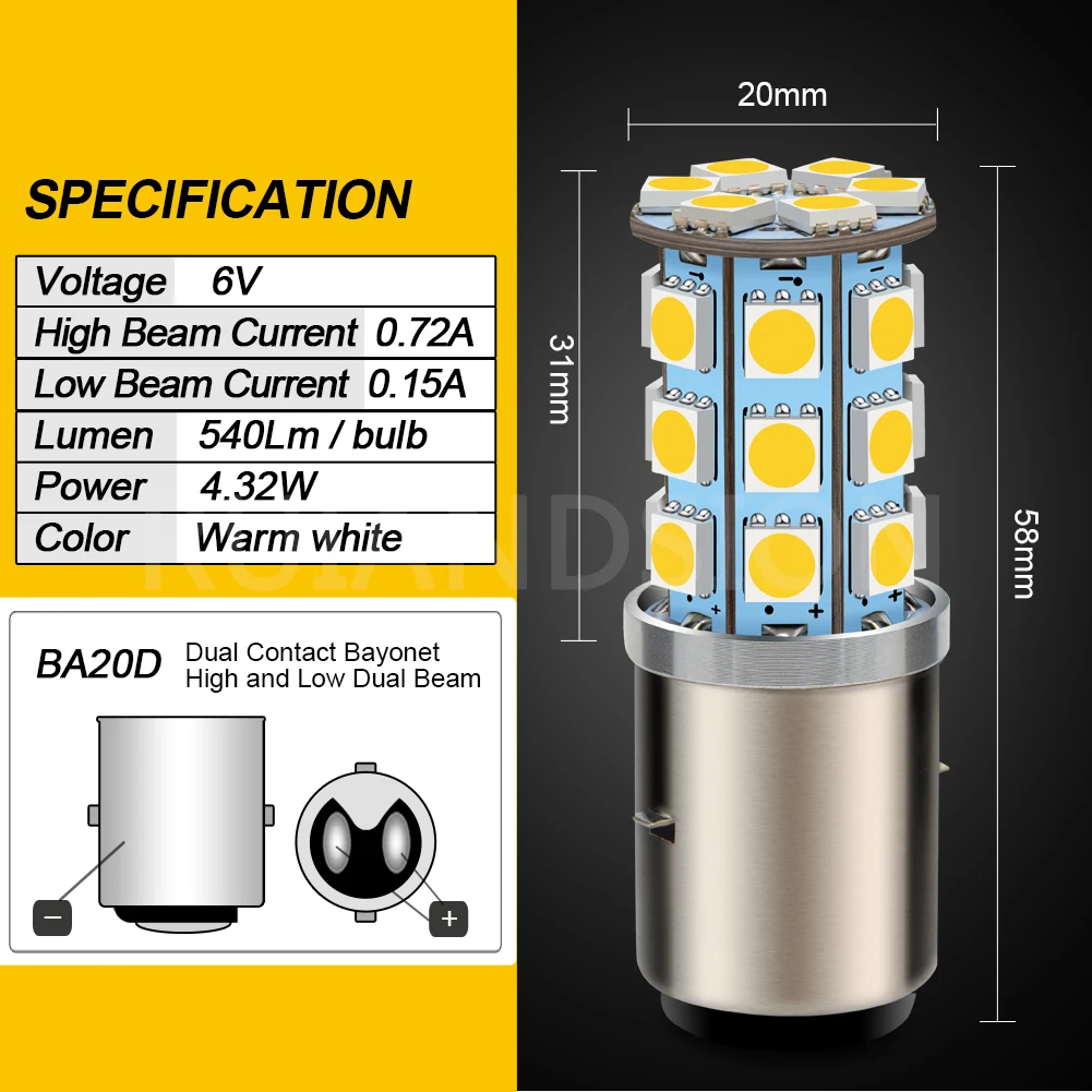 Лампы Налобные светодиодные H6 BA20d для мотоцикла 6 в 12 В 4300 К 5050SMD 27 |