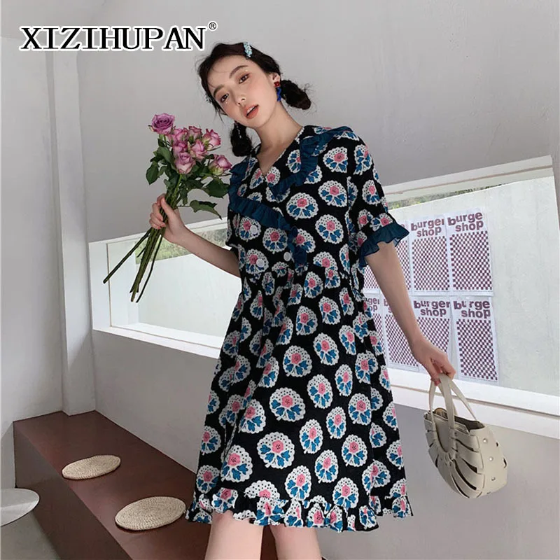 

XIZIHUPAN Sweet Print Dress For Women V Neck Flare Short Sleeve High Waist Mini Dresses Female Summer Fashion New Clothing 2021