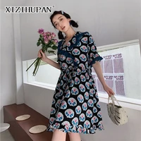 xizihupan sweet print dress for women v neck flare short sleeve high waist mini dresses female summer fashion new clothing 2021