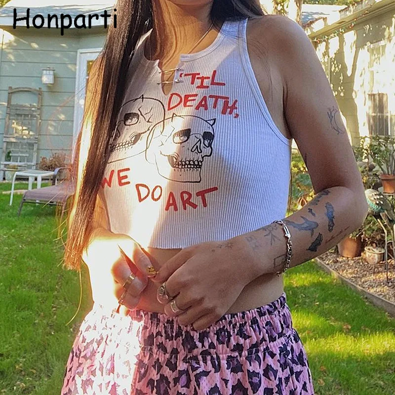 

Gothic Aesthetic Punk Grunge Tank Tops Mall Goth Harajuku White Women Cropped Knitted Skull Graphic Letter Print Slim Emo Tops