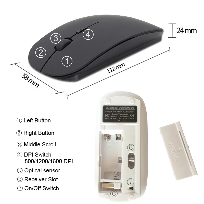 

Bluetooth 5.0 + 2.4Ghz Wireless Dual Mode 2 In 1 Cordless Mouse 1600 DPI Ultra-thin Ergonomic Portable Optical Mice