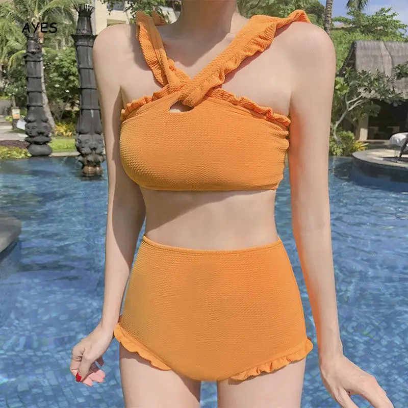 

Ruffled High Waist Bikinis Set 2020 Korean Style Swimsuits Yellow Bikini Swimwear Padded Summer Beach Pool Bathing Suit Tankini