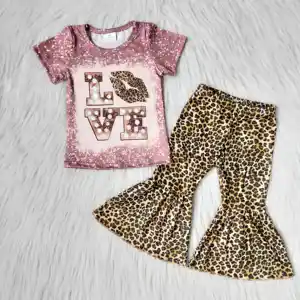 Summer Autumn Kids Clothing Love Print Pink Tie-dye Short-sleeved T-shirt And Leopard-print Flared Trousers