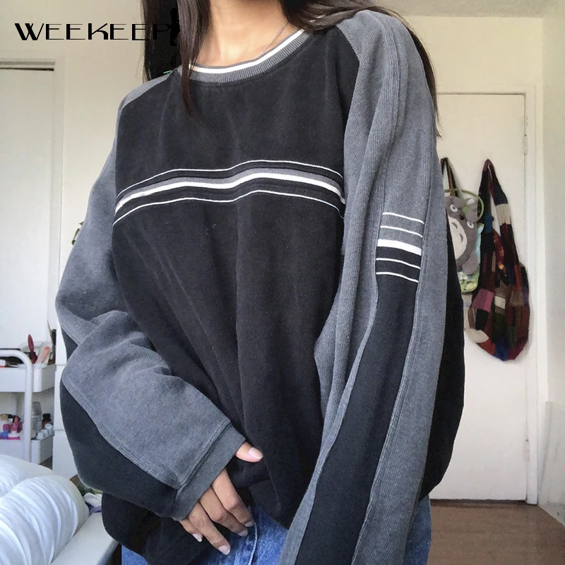 

Weekeek Preppy Style Striped Print Oversized Sweatshirt Women Streetwear Casual Loose O Neck Pullovers Korean Fashion Basic Tops