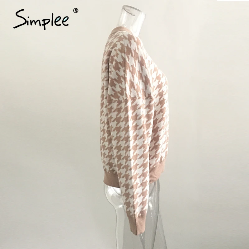 

OLOMM Ladies Geometric Khaki Knitted Sweater Women Casual Houndstooth Ladies Pullover Women Spring Retro Pullover