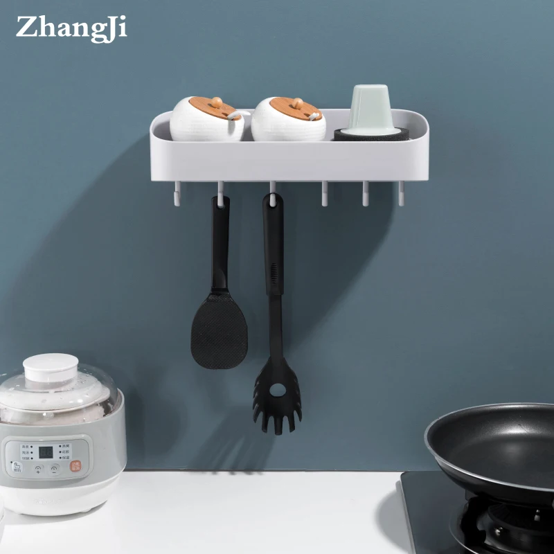 ZhangJi самоклеющаяся кухонная ванная полка многофункциональные полки для хранения с крючками мощный органайзер для хранения моющийся