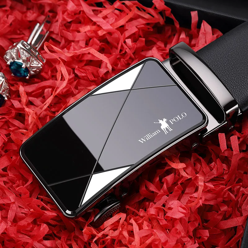WilliamPolo Belt men's automatic buckle leather belt men's fashion geometric youth pure leather belt