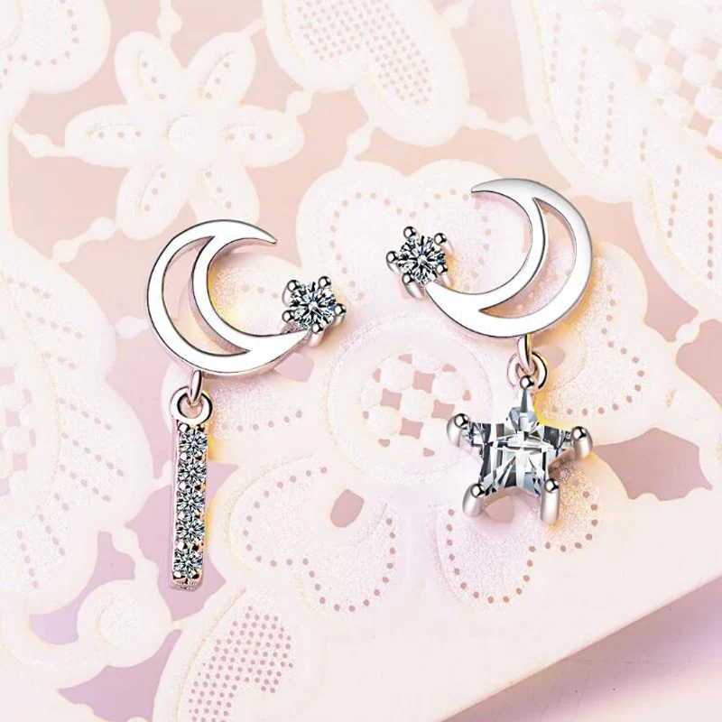 

KOFSAC Shiny Zircon Fashion Asymmetrical Moon Star Drop Earring Jewelry 925 Sterling Silver Earrings For Women Anniversary Gifts