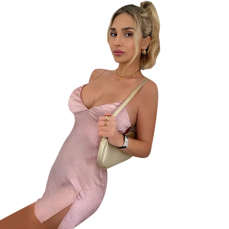 

Женское атласное платье без рукавов с V-образным вырезом, однотонное сексуальное облегающее платье с разрезом, Летнее шелковое мини-платье ...