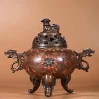 9chinese temple collection old bronze cloisonne enamel lion statue three legged incense burner ornaments town house exorcism