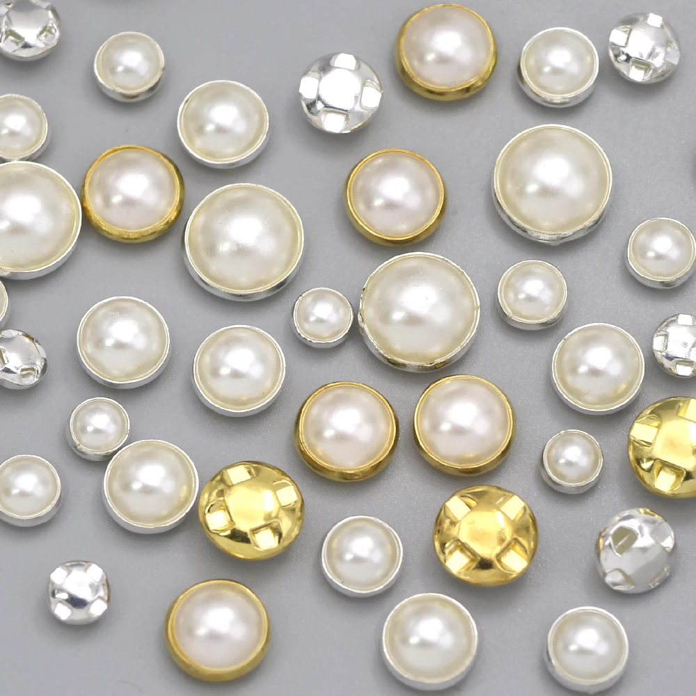 100Pcs Round Pearl Buttons Sew For Clothes Sliver Gold Setting Metal Button Buckle Dresses 6/7/8/9/10/12MM | Дом и сад