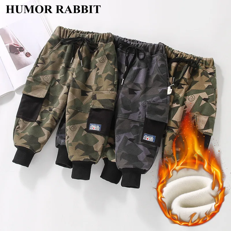 

Boys Pants Autumn Winter 2022 Plus Velvet Pants New Boys Camouflage Overalls Double-layer Plus Velvet Kids Trousers Sweatpants