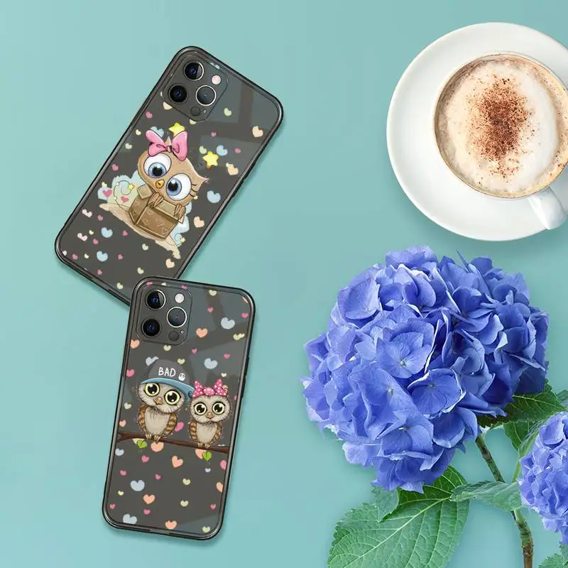 

cute Owl Lover Cartoon Phone Case For iPhone 7 8 11 12 X XS XR MINI Pro Max Plus Retro Black Grey clear transparent