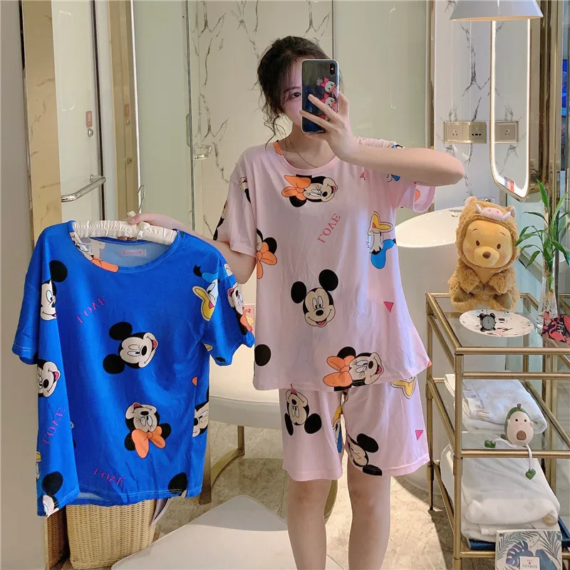 

Disney Mickey Minnie cartoon pajamas women summer short-sleeved shorts hedging milk silk casual women's home service suit