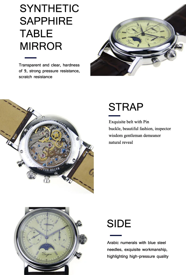 Seagull movement st1908 compliation Moon Phase хронограф дат Лук Корона выставка задняя рука ветер механические часы M199S