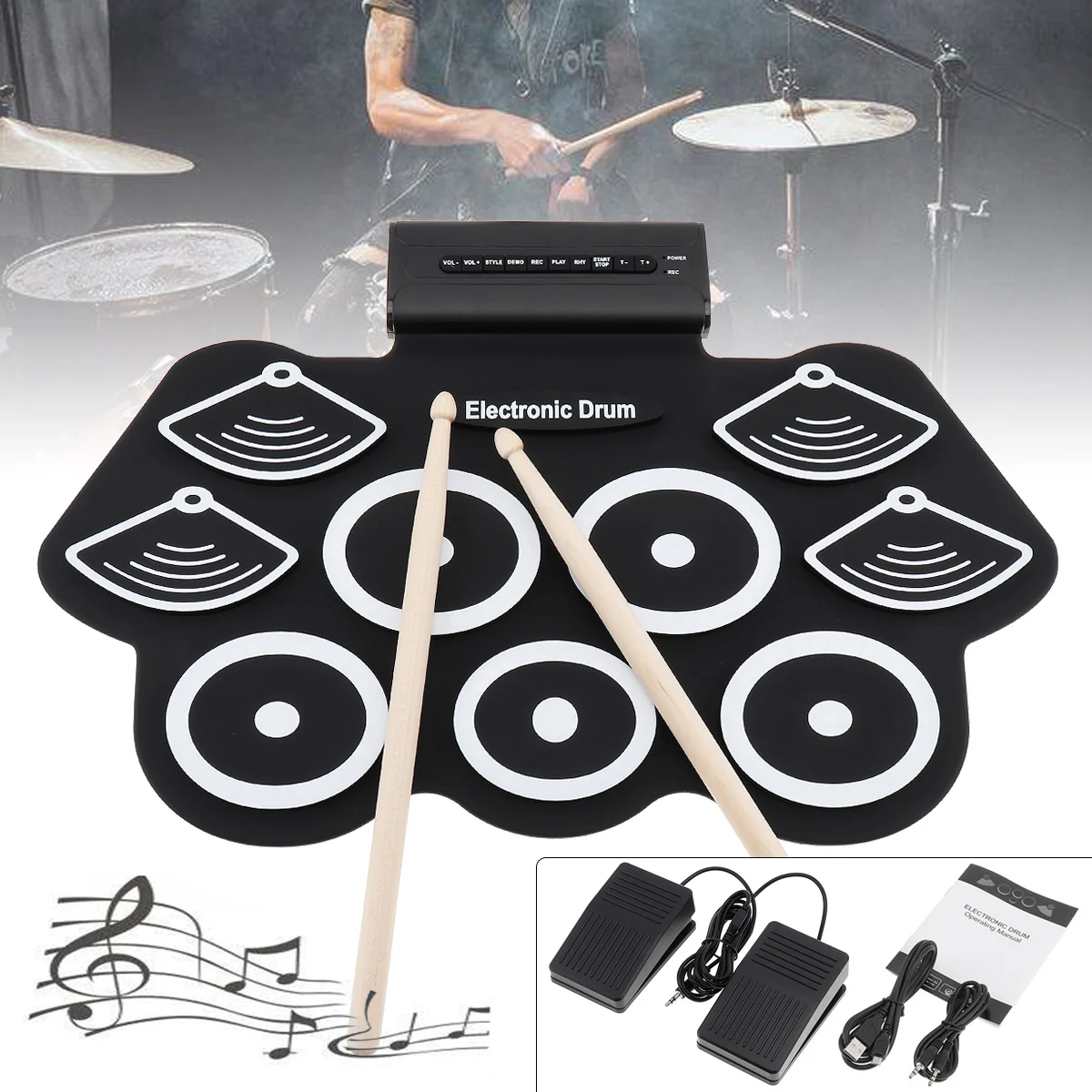 Eletrônico para Cima Tambor de Silicone Elétrico com Baquetas e Sustentar Kit de Tambor Almofadas Rolo Engrossar Pedal 9