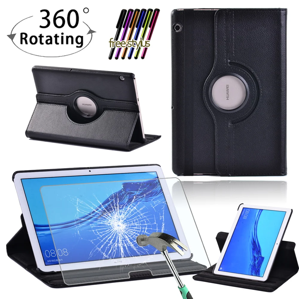 

For Huawei MediaPad T3 10 9.6"/MediaPad T5 10 10.1" Drop Resistance Anti-Dust 360 Rotating Tablet Case+Tempered Film+Free Stylus