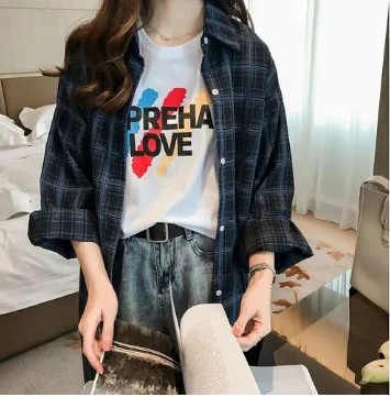 Стильная клетчатая рубашка Женская Студенческая свободная универсальная