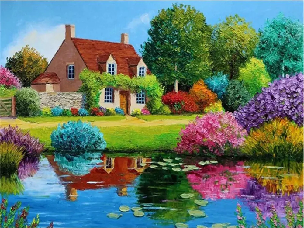 

Diamond Embroidery House Mosaic Art 5D DIY Diamond Painting Lake Landscape Cross Stitch Spring Home Decorations