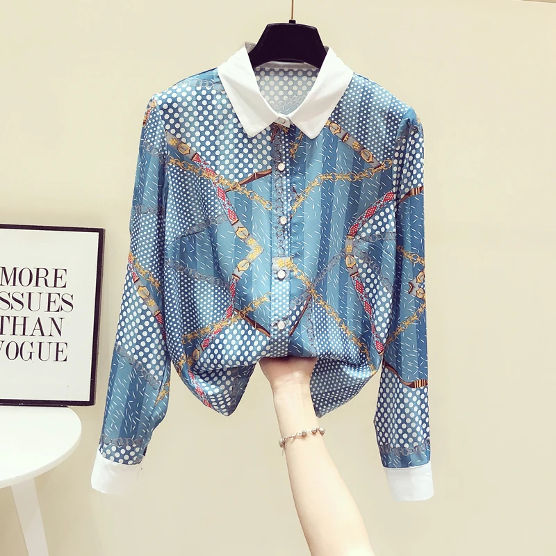 

Европейская мода весна темперамент рубашка женское платье с длинными рукавами, шифоновое платье, синий Цветочный принт шифоновые топы и бл...