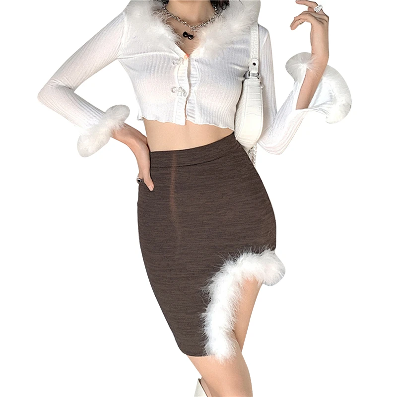 

Hot Sale Fashion Womens Fashion Solid Color Skirt Autumn and Winter High-waist Feather Irregular Split Short Skirt Wholesale