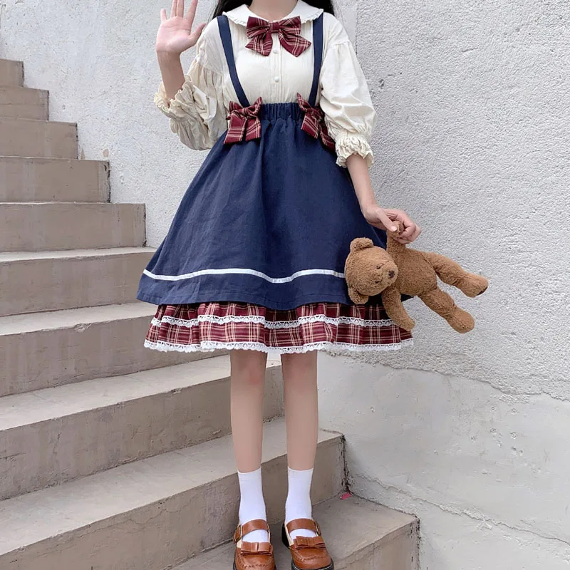 

Japanese College Style Suspender Skirt Women`s Sweet Cute Kawaii Bow Splicing 2-Piece Set Girl Doll Collar Top Lolita Skirt Suit