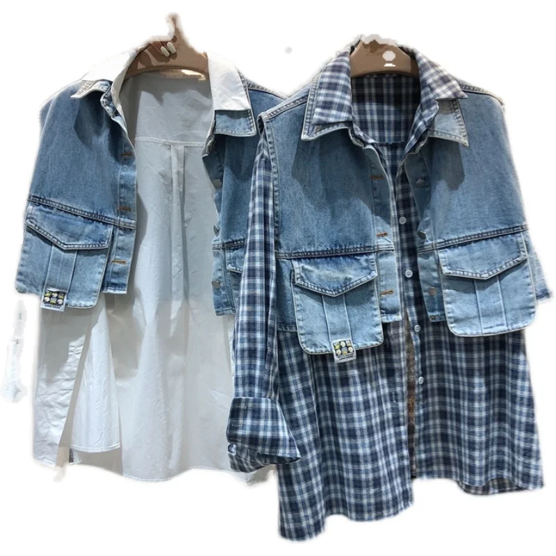 

Two-Piece Woman Top 2021 Spring New Korean Style Loose Denim Waistcoat Vest Shawl + Long Sleeve Plaid Shirt Blouses Blusas