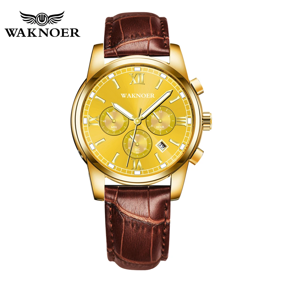 

WAKNOER Fashion Men's Dress Watch Leather Band Waterproof Luminous Watches Men Clock Quartz Casual Wristwatch erkek kol saati