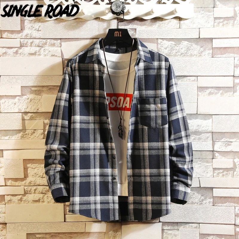 

Single Road Mens Plaid Shirts Men 2022 Spring Long Sleeve Shirt Harajuku Blouse Male Korean Casual Vintage Blue Shirts For Men