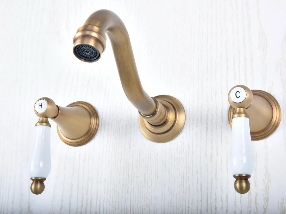 Античная латунь ванная раковина смеситель кран с двумя ручками 3 отверстия