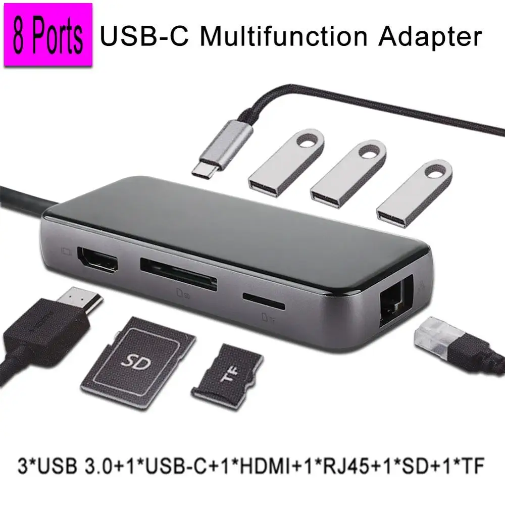 8 Ports USB C HUB Multi USB C HUB to HUB USB 3.0 HDMI 4K /SD/TF Card Reader/ PD charging Audio /RJ45 Adapter for MacBook Pro type c usb splitter - Цвет: 8 Ports USB C HUB