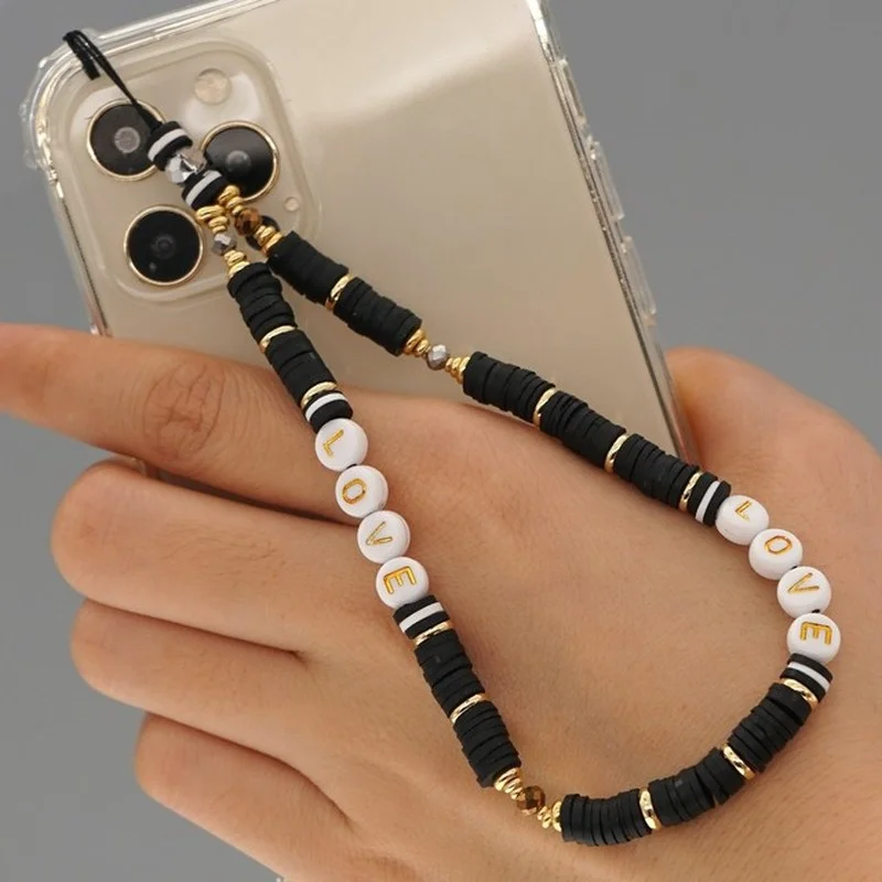 

Simple Bohemian Ethnic Resin Bead Mobile Phone Chain LOVE Letter Soft Ceramic Clay Polymer Mobile Phone Lanyard Female Anti-lost